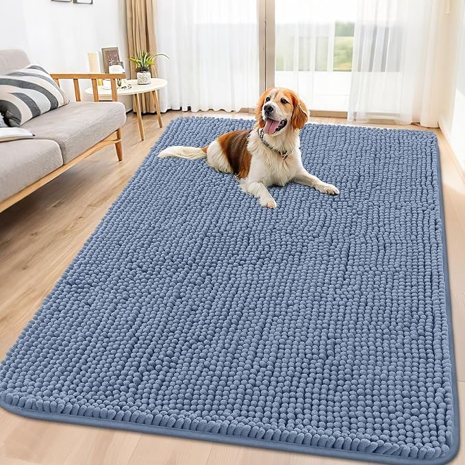 Smiry Dog Door Mat for Muddy Paws 71x46, Absorbent Dirt Trapper, Non-Slip Washable Chenille Entryway Rug for Inside Floor, Airy Blue, Classic Solid