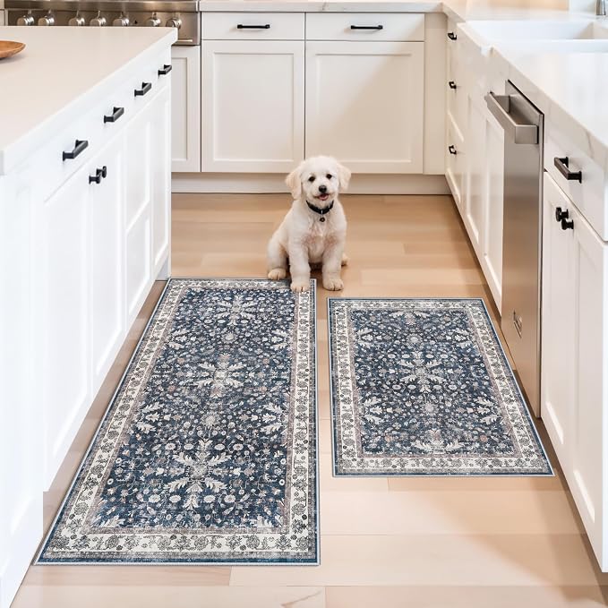 Kitchen Mats Set of 2 Washable Non-Slip – Soft Low Pile Boho Decorative Runner Rugs for Kitchen Floor, Sink & Stove, Kitchen Decor (Blue, 2x3+2x4)