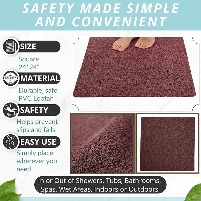 Enkosi Loofah Shower Mat Non-Slip - Anti-Slip Bath Mat for Inside Showers, Tub, Bathtub, Bathroom - Quick Dry PVC with Drain Holes - Cushioned Safety Grip - Secure for Kids and Elderly (Brown 24x24)