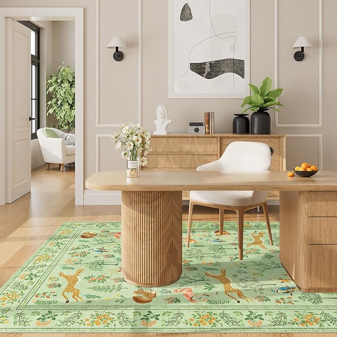 DUKINO 3x5 Rug, Washable Animal Area Rug with Non Slip Vintage Design, Indoor Soft Low Pile Carpet for Bedroom, Nursery, Dining Room, Farmhouse, Playroom, Light Green