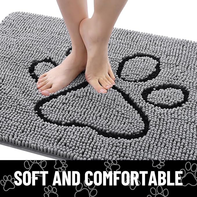 Smiry Dog Door Mat for Muddy Paws, Absorbent Dirt Trapper Non Slip Quick Dry Washable Chenille Mat for Mud Dogs, Entry Rug for Indoor and Outdoor (59x20 Inches, Grey and Black)