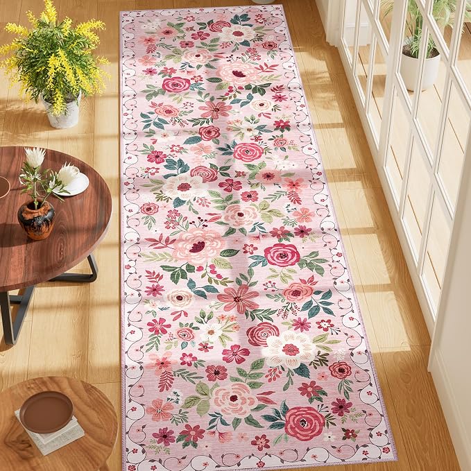 DUKINO Runner Rug, 2x7 Boho Kitchen Rug for Hallways with Low Pile Design, Washable Non Slip Backing Soft Floral Runner for Kitchen, Hallway, Entryway, Bedroom, Laundry, Pink
