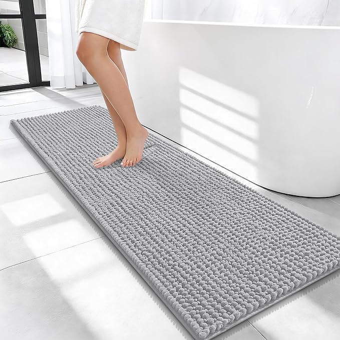 OLANLY Thick Bathroom Runner Rugs 47x17, Extra Soft Absorbent Chenille Bath Rugs, Rubber Backing, Machine Wash Dry, Long Bath Mats for Bathroom, Tub and Shower, Home Decor Accessories, Light Grey