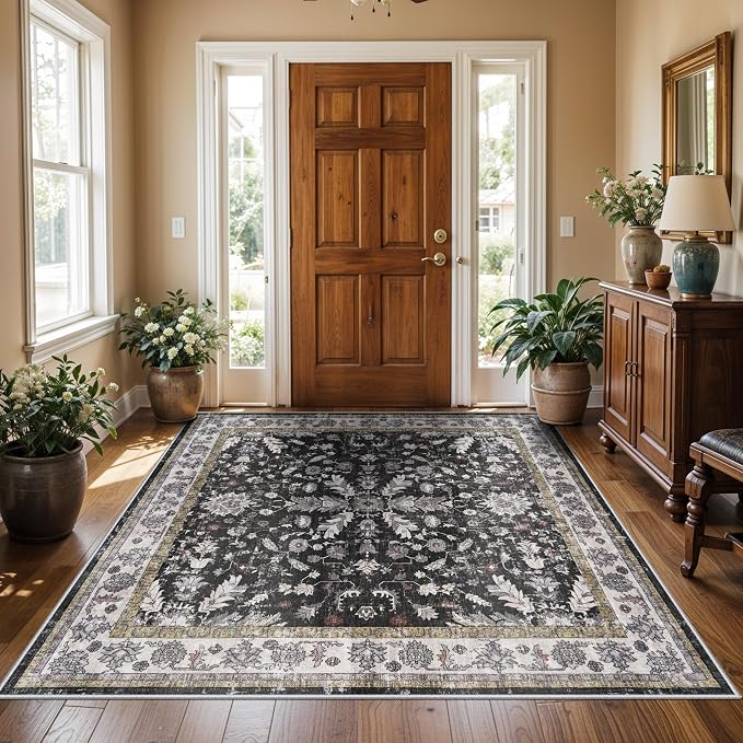 Square Rugs 5x5 Washable for Entryway: Non Slip Indoor Foot Carpet for Living Room, Boho Soft Black 5'x5' Low Pile Neutral Area Rug for Kitchen Dining Room Bathroom (Black, 5x5)
