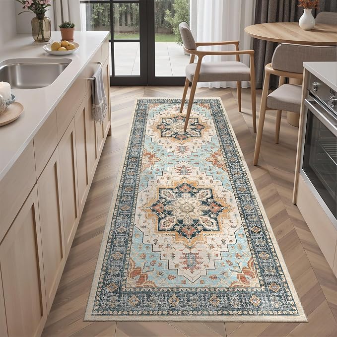 Madane Washable Runner Rug - 2x6 Rug Runners for Hallways 6 Foot Non Slip Vintage Kitchen Runner Rug Ultra-Thin Bathroom Runner Rugs Carpet Laundry Room Bedroom (2x6ft, Orange/Blue)