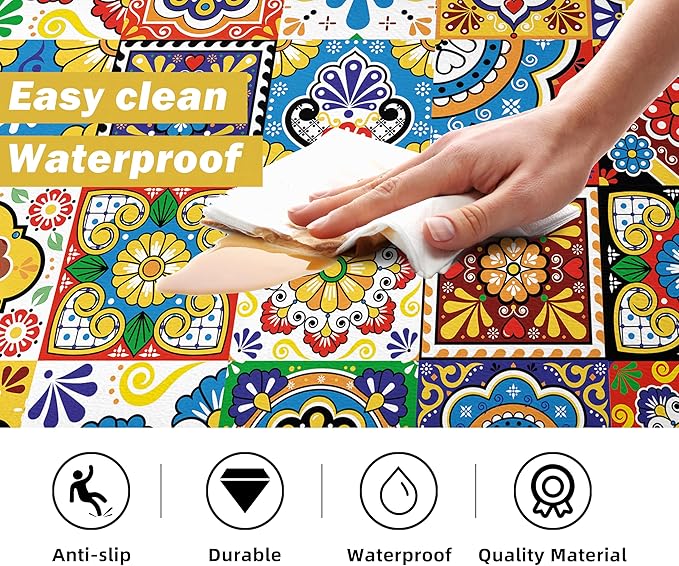 Boho Kitchen Rugs Set 2 Memory Foam Colorful Ceramic Comfort Tile Floor Mat Anti Fatigue Non-Skid PVC Runner Rug Water & Oil Proof Carpet for Kitchen Laundry Sink,17.3x28+17.3x47 Inch, C2