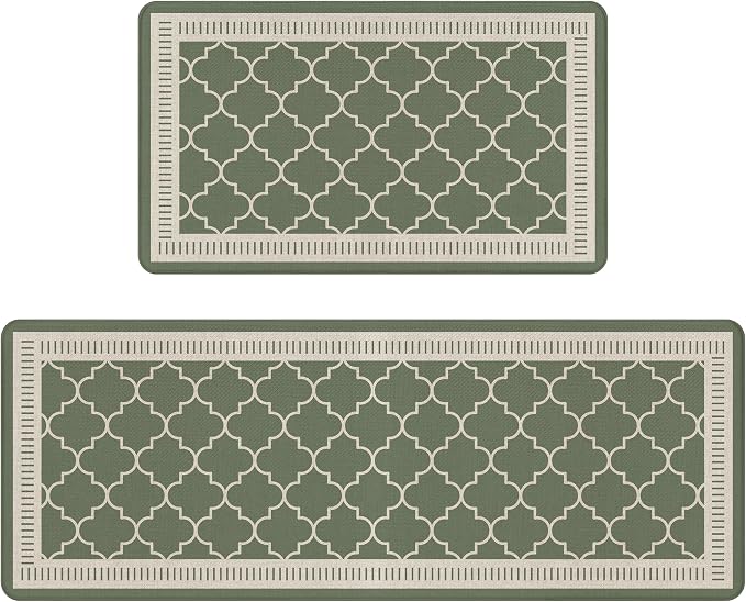 Sage Green Vintage Moroccan Grid Elegance Kitchen Rug Sets [2 PCs], Anti-Fatigue, Waterproof Non-Slip Kitchen Mats Heavy Duty Comfort Foam Rug for Kitchen, Floor, Laundry,17"x29"+17"x47"