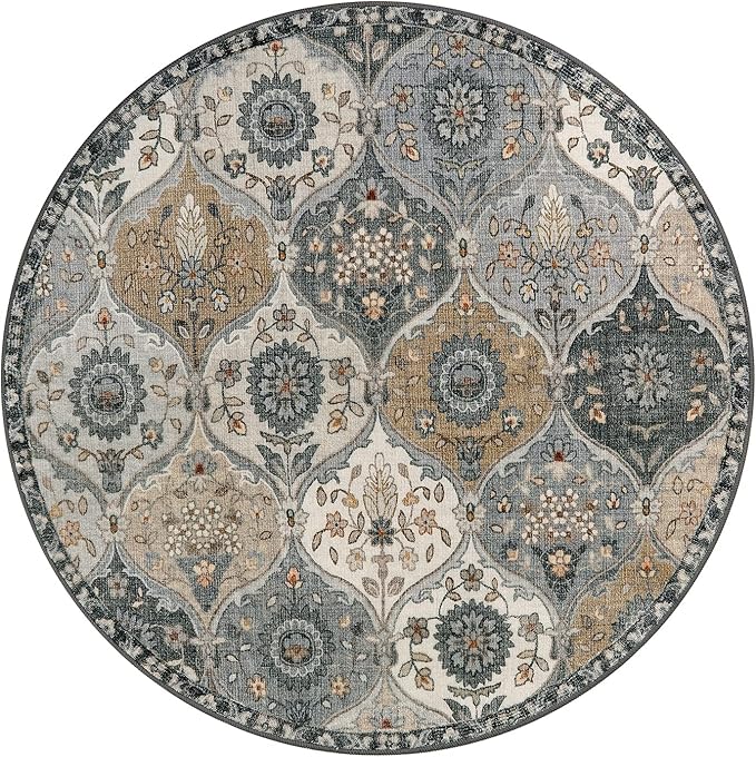Lahome Moroccan Washable Round Area Rug, Soft Vintage Round Rug 3ft, Distress Circle Carpet for Entryway Bathroom Bedroom, Non Slip Low Pile Stain Resistant Accent Rug Elise, Grey