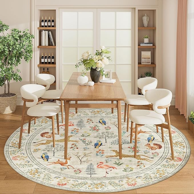 DUKINO 6ft Round Rug for Bedroom, Animal Print Washable Circle Rug with Low Pile Design, Soft Indoor Floor Non Slip Carpet for Entryway, Living Room, Office, Dining Room, Beige