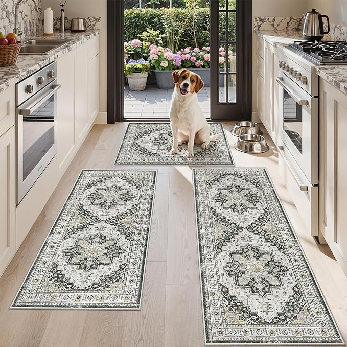 Madane Washable Kitchen Rug Set of 3, Small Area Rug Non-Slip Vintage Entryway Door Mat Indoor Entrance, Low Pile Floor Carpet Runner for Inside Front Door Entry Laundry (2x3+2x4+2x5, Black)