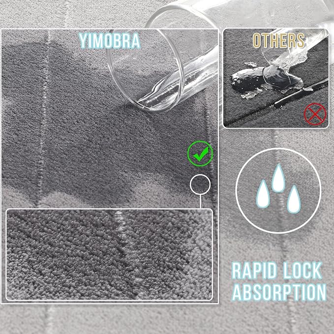 Yimobra 3 Pieces Memory Foam Bath Mat Set with U-Shaped Toilet Rug - Non Slip Super Soft Absorbent Quick Dry Bathroom Rugs for Bathtub, Vanity & Toilet Base, Gray