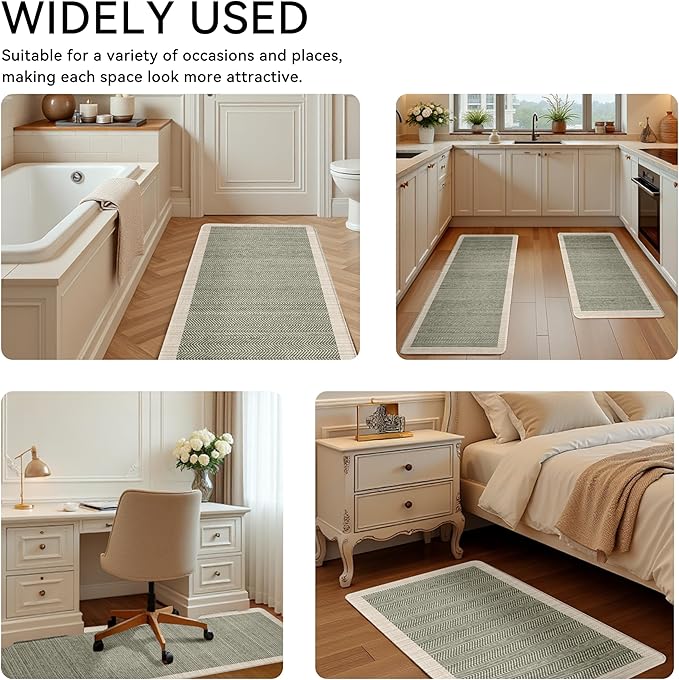 Scalloped Sage Green Vintage Boho Elegance Kitchen Rug Sets [2 PCs], Anti-Fatigue, Waterproof Non-Slip Kitchen Mats Heavy Duty Comfort Foam Rug for Kitchen, Floor, Laundry,17.3"x29"+17.3"x47"