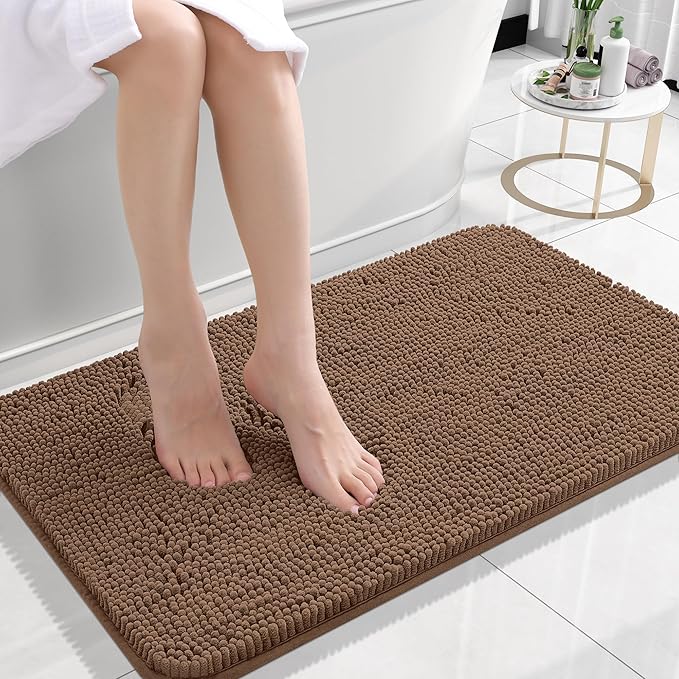 OLANLY Small Bathroom Rugs 24x16, Extra Soft Absorbent Chenille Bath Rugs, Rubber Backing Quick Dry, Machine Washable Bath Mats for Bathroom Floor, Tub and Shower, Home Decor Accessories, Mocha