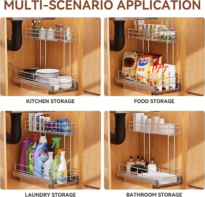 Under Sink Organizer 2 Packs, Pull Out Cabinet Organizer 2 Tier, Under Sink Slide Out Organizer Chrome Plated, Under Kitchen Bathroom Sink Organizer, Pantry Cabinet Closet Organization Rack, 9"W X19"D