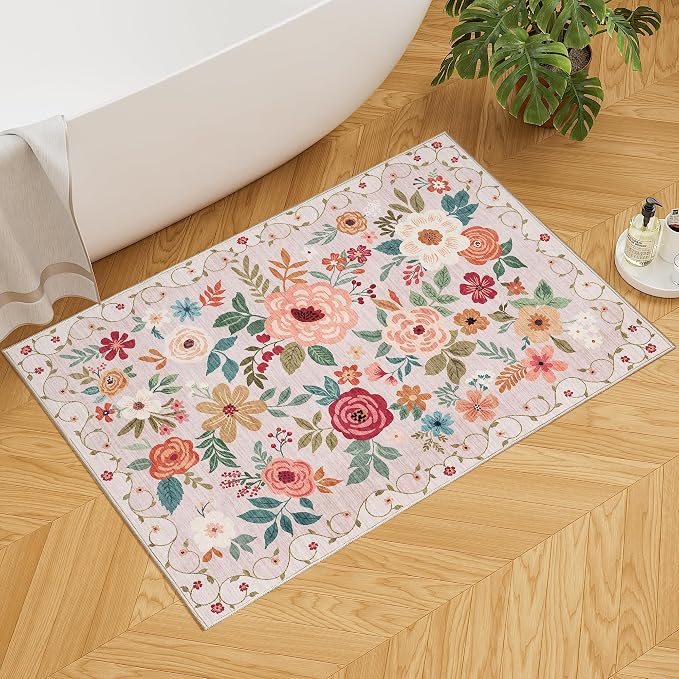 DUKINO 2x3 Rugs for Entryway, Floral Indoor Washable Door Mat, Non Slip Boho Small Rug for Kitchen, Soft Low Pile Front Door Throw Rug for Entrance, Bedroom, Kitchen, Laundry, Bathroom, Beige