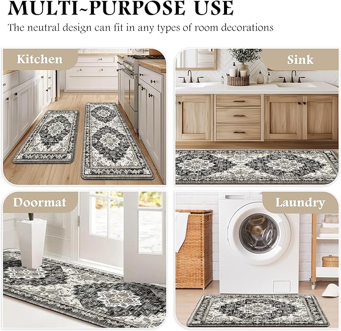 Boho Kitchen Mats for Floor 2 Piece Set Anti Fatigue Cushioned PVC Kitchen Rugs Non Slip Waterproof Farmhouse Mats 2/5 Inch Comfort Standing Mat for Laundry, 17.3"x47"+17.3"x28", Black Brown Grey