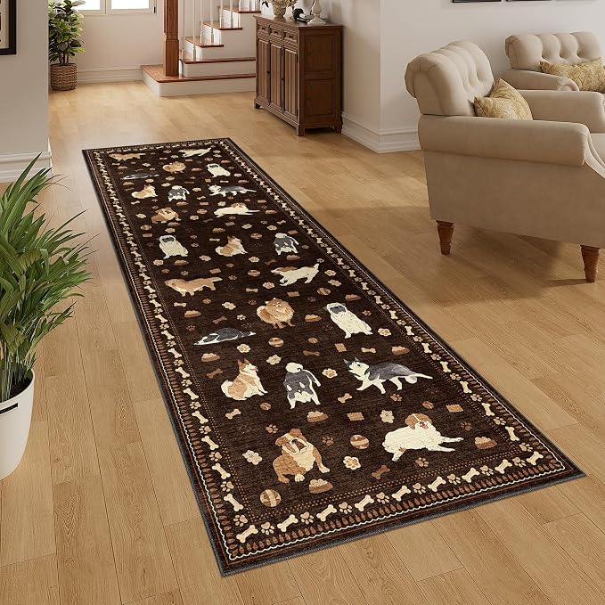 DUKINO 2.6x8 Washable Runner Rug for Hallway, Non Slip Animal Dog Kitchen Rug with Low Pile Design, Ultra Soft & Stain Resistant Indoor Carpert Runner for Entryway, Bedroom, Laundry, Bathroom, Brown