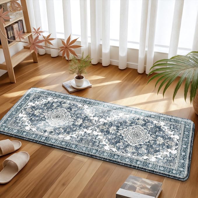 Boho Kitchen Mats for Floor 2 Piece Set Anti Fatigue Cushioned PVC Kitchen Rugs Non Slip Waterproof Farmhouse Mats 2/5 Inch Comfort Standing Mat for Sink, Laundry, 17.3"x59"+17.3"x28", Dark Blue