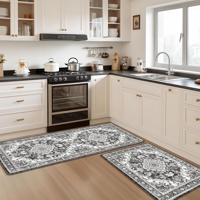 Boho Kitchen Mats for Floor 2 Piece Set Anti Fatigue Cushioned PVC Kitchen Rugs Non Slip Waterproof Farmhouse Mats 2/5 Inch Comfort Standing Mat for Sink, Laundry, 23.6"x39"+23.6"x59",D4