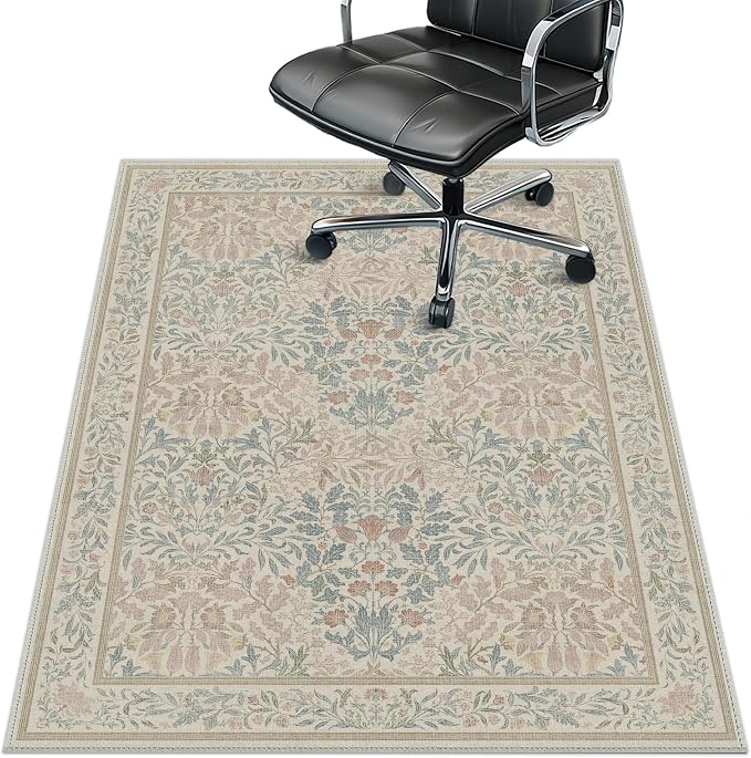 36"x48" Office Chair Mat for Hardwood Tile Floor, Under Desk Carpet Protector for Rolling Computer Chair Mat, Machine Washable Area Rug, Anti-Slip 1/5" Thick Low Pile Thin Vinyl Floor Mat, Beige Pink