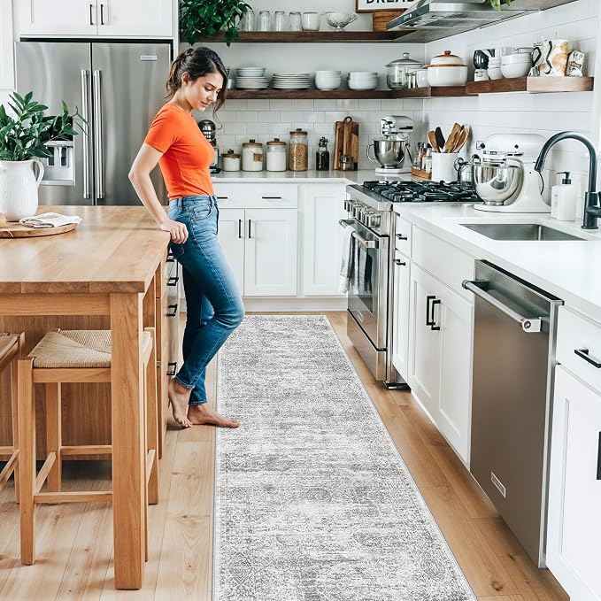2x10 Runner Rug Non-Slip Washable Kitchen, Vintage Boho Carpet with Rubber Backing for Hallway Entryway Hall Holiday Farmhouse Neutral Cream Long Runners (Grey/Ivory,2'x10')