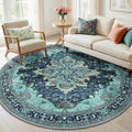 RELEANY Area Rugs Round 6ft Washable Non-Slip, Floral Vintage Distress Medallion Carpet for Living Room Bedroom Dining Room, Teal Green Lake Blue Turquoise