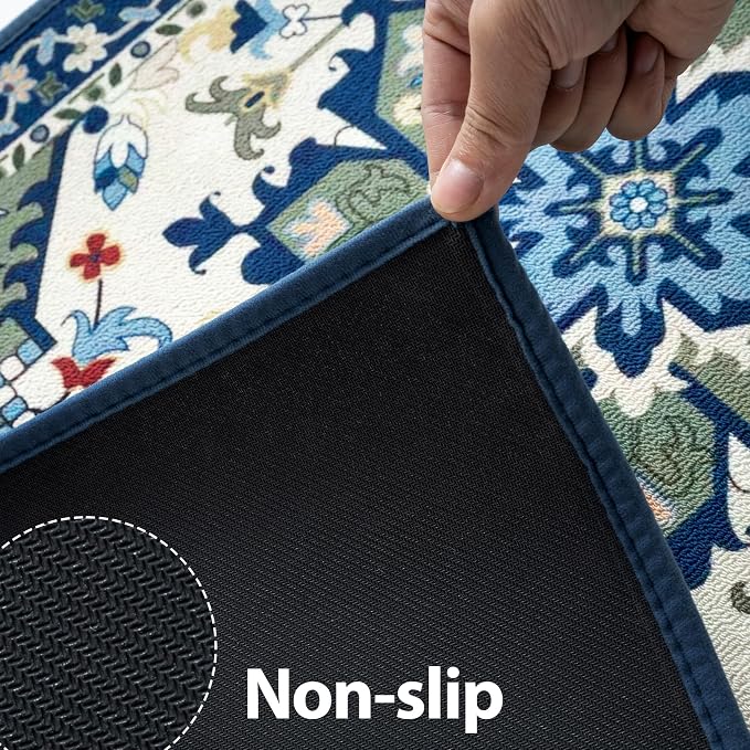 AREDO Runner Rug with Non Slip Rubber Backing, Washable Soft Floor Carpet for Kitchen, Hallway, Entryway Indoor, Bedroom, Laundry, Low Pile Area Rugs, Geometric Floral, Blue Pattern, 2' * 6'