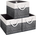 Fab totes Storage Bins 3-Pack, Foldable Storage Baskets for Organizing Toys, Books, Shelves, Closet, Large Storage Box with Rope Handles, Sturdy Organizer Bins, White & Black
