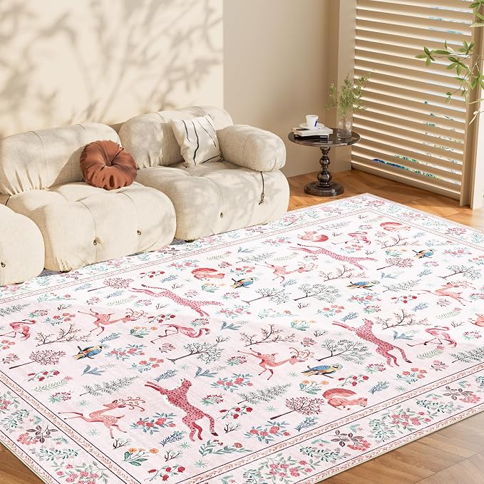 DUKINO 8x10 Rug, Washable Animal Living Room Rug with Non Slip Vintage Design, Soft Low Pile Large Carpet for Bedroom, Nursery, Dining Room, Farmhouse, Playroom, Pink