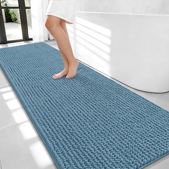 OLANLY Thick Bathroom Runner Rugs 70x24, Extra Soft Absorbent Chenille Bath Rugs, Rubber Backing, Machine Wash Dry, Long Bath Mats for Bathroom Floor, Tub and Shower, Home Decor Accessories, Airy Blue