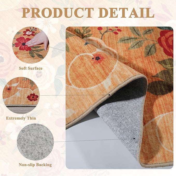 DUKINO Runner Rug, 2.6x8 Kitchen Rug for Hallway with Non Slip Backing, Washable Low Pile Soft Boho Floral Runner Carpet for Hallway, Kitchen, Entryway, Laundry, Bedroom, Orange