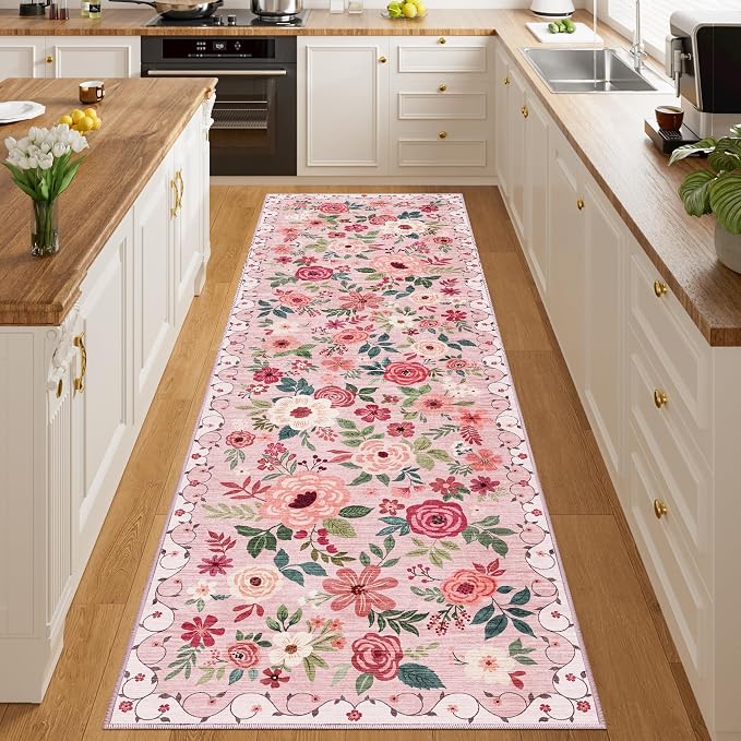 DUKINO 3x10 Runner Rug for Hallway, Washable Kitchen Floral Runner Rug with Non Slip Backing, Low Pile Soft Boho Carpet for Kitchen, Hallway, Entryway, Laundry, Bedroom, Pink