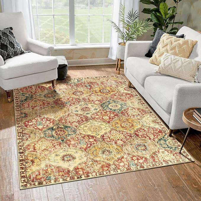 Lahome Moroccan Machine Washable Rugs for Living Room, 4x6 Rug for Bedroom Non-Slip Vintage Trellis Ultra-Thin Throw Carpet for Dining Room Office Nursery Elise, Red/Orange