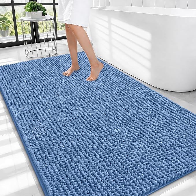 OLANLY Thick Large Bathroom Rugs 44x32, Extra Soft Absorbent Chenille Bath Rugs, Rubber Backing, Machine Wash Dry, Bath Mats for Bathroom Floor, Tub and Shower, Home Decor Accessories, Cornflower Blue