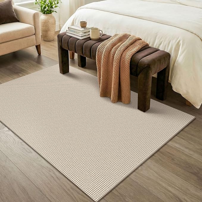 KOZYFLY Washable Area Rug 4x6 ft Non Slip Rubber Backed Living Room Rugs Braided Woven Cotton Kitchen Rugs Indoor Outdoor Entryway Rug for Dining Living Room Bedroom, Ivory/Camel/Brown