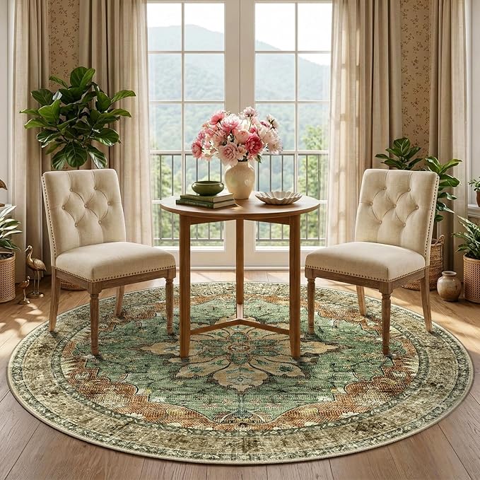 RELEANY Area Rugs Round 5ft Washable Non-Slip, Floral Vintage Distress Medallion Carpet for Living Room Bedroom Dining Room, Terracotta Burnt Orange Green