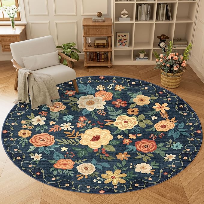 DUKINO Floral Round Rug, 6ft Washable Circle Rug, Non Slip Indoor Low Pile Circle Rug, Soft Small Boho Design Carpet for Bedroom, Entryway, Living Room, Dining Room, Dark Blue