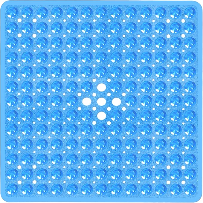 Square Shower Bathtub Mat Non Slip for Inside Shower Clear Blue 21x21 Inch, Shower Stall Mats for Bathroom Floor, Soft Bath Mat for Tub with Big Suction Cups Drain Holes, Easy Washable Dry