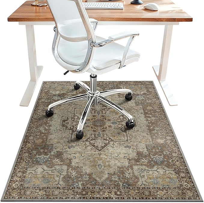 48"x72" Office Chair Mat for Hardwood Tile Floor, Under Desk Carpet Protector for Rolling Computer Chair Mat, Machine Washable Area Rug, Anti-Slip 1/5" Thick Low Pile Thin Vinyl Floor Mat, Brown