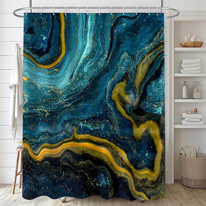 Nkzply 4 Pcs Teal Blue Marble Shower Curtain Set Turquoise Bathroom Sets with Shower Curtain and Rugs Gold Modern Abstract Bathroom Decor Accessories Bathroom Rugs Toilet Lid Cover with Hooks