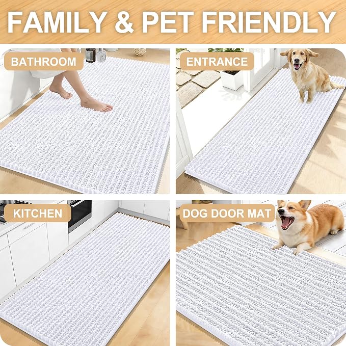 OLANLY Long Bathroom Rugs Runner 59x24, Thick Soft and Absorbent Chenille Bath Mat, Non-Slip, Machine Washable Quick Dry Bath Rugs for Tub Shower Floor, Home Decor Accessories, White