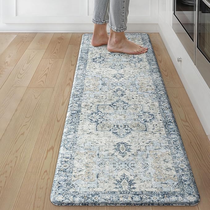 GENIMO Kitchen Mats for Floor, Washable Anti Fatigue Mat for Cushioned,17.3"x59", Waterproof Kitchen Rugs, Non Slip Foam Comfort Standing Mat Rug for Home, Runner, Sink, Office, Laundry, Light Blue