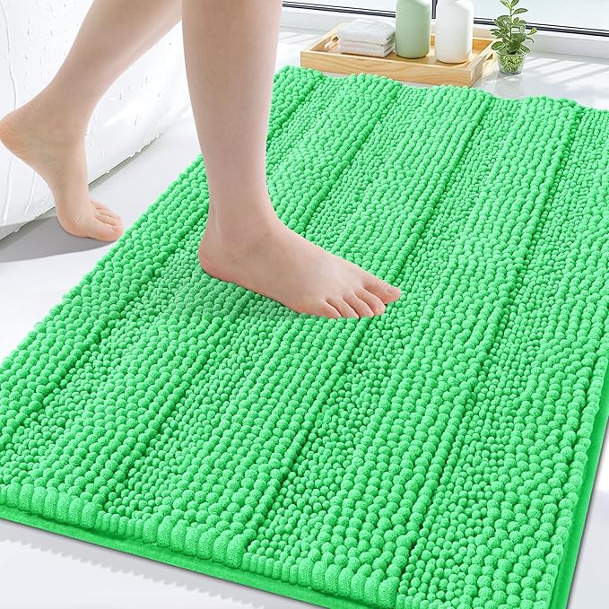 Grandaily Chenille Striped Bathroom Rugs 30x20, Extra Thick and Soft Absorbent Bath Mats, Rubber Backing, Plush Shaggy Shower Carpet, Machine Wash Dry, Bath Rug for Bathroom, Mint Green