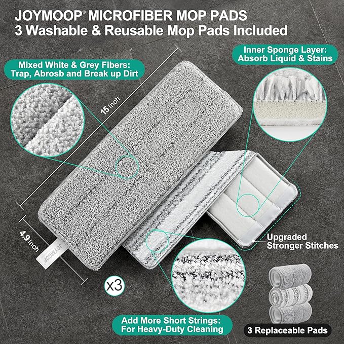 JOYMOOP Mop and Bucket Set for Floor and Wall Cleaning, Flat Mop System with 60" Mop + 3 Pads, Household and Commercial Use