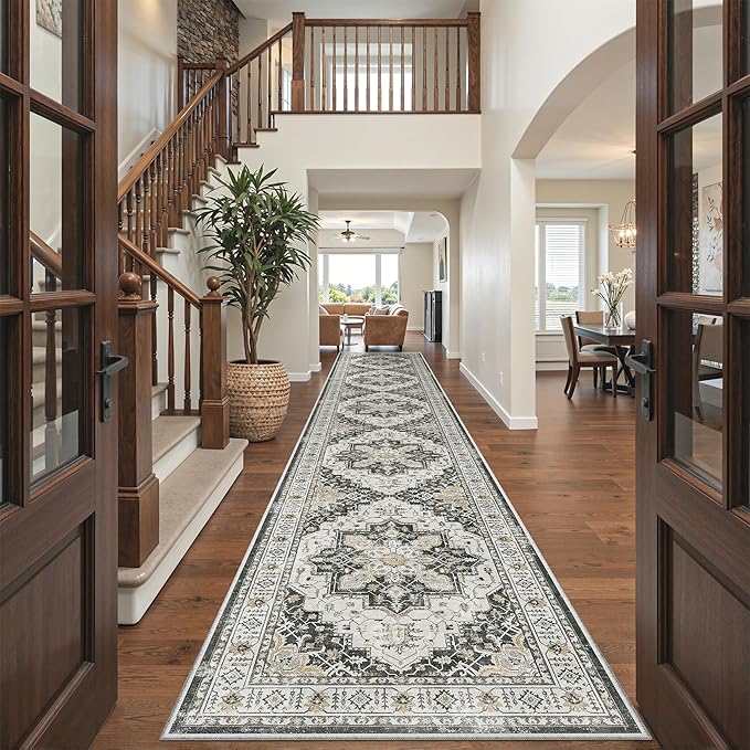 Madane Hallway Runner Rug 3x16 - Vintage Non Slip Washable 16ft Kitchen Runner for Entrance Soft Long Carpet Runners for Living Room Bathroom Low Pile Floor Mat for Bedroom Dining Room, Black
