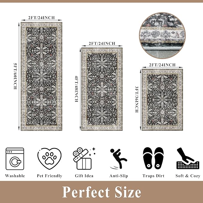 3-Piece Washable Kitchen Rug Set of 3 with Runner – Non-Slip Boho Kitchen Mats for Hardwood Floor, Sink & Entryway & Bathroom, Home Decor (Black,2x3+2x4+2x5)
