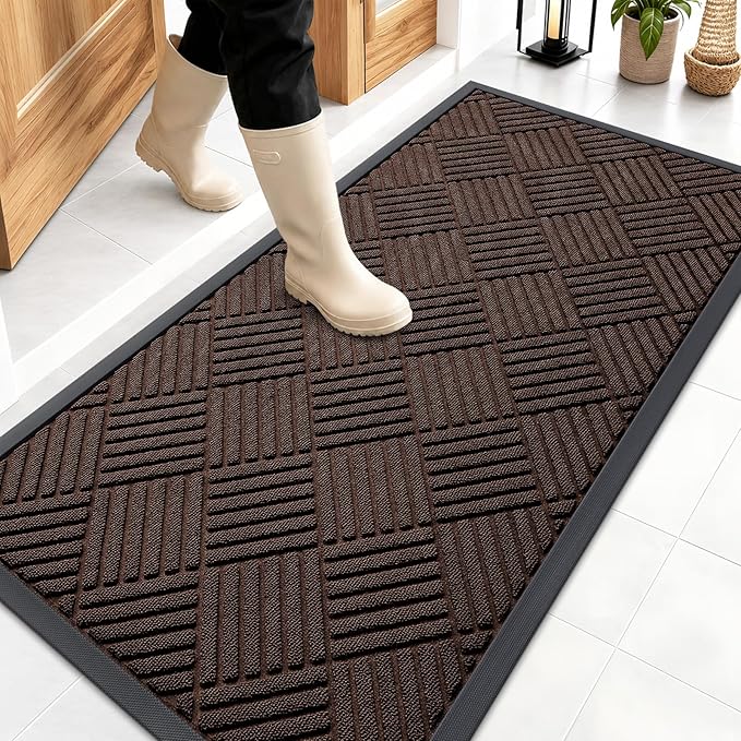 OLANLY Front Door Mat Outside Entrance 47x23, Absorbent, Heavy Duty Sturdy Natural Rubber Doormat Indoor Outdoor, Stain and Fade Resistant, Non-Slip Low Profile Floor Mat for Entryway, Brown Diamond