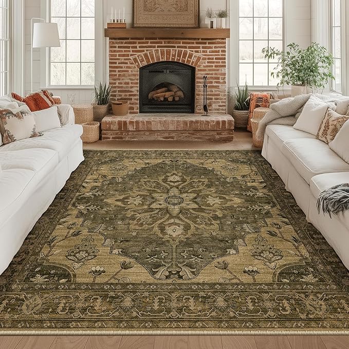 RELEANY Area Rugs Square 8ft Washable Non-Slip, Floral Vintage Distress Medallion Carpet for Living Room Bedroom Dining Room, Brown Dark Brown
