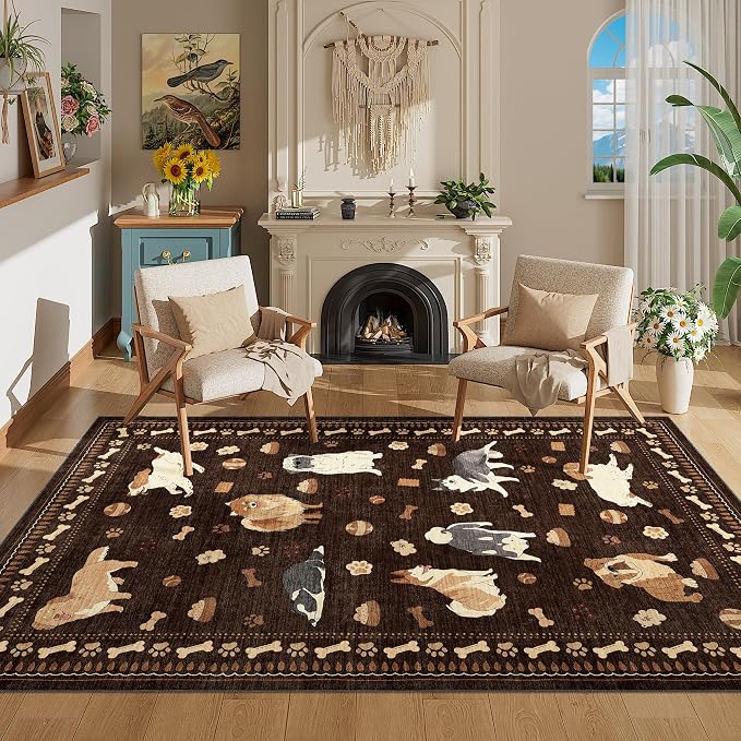 DUKINO 4x6 Area Rug, Non Slip Washable Rug for Living Room with Low Pile Design, Lightweight & Non Shedding Animal Dog Print Indoor Soft Carpet for Bedroom, Dining Room, Kids Room, Office, Brown