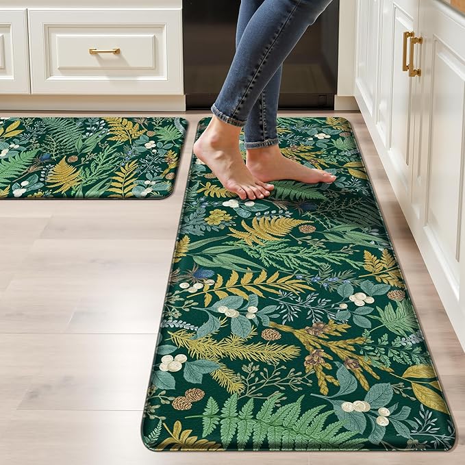 Dark Green Botanical Kitchen Rugs Set of 2 Plant Leaf Anti-Fatigue Kitchen Mat Natural Comfort Standing Waterproof PVC Mats 2/5" Thick Leather Carpet for Laundry Office Sink(17.3" x28" + 17.3" x 47")